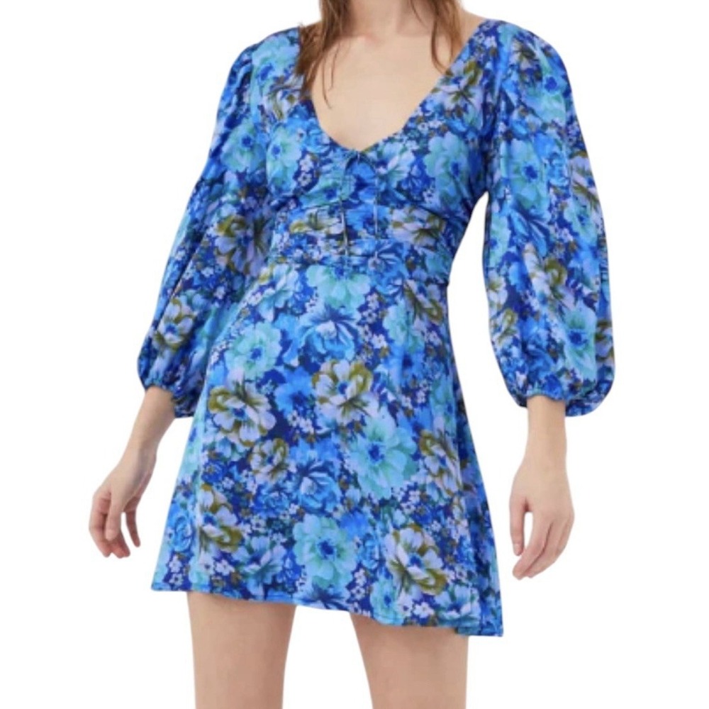 For Love & Lemons Astor Dress Women Large Floral Blue Mini Party Formal Boho